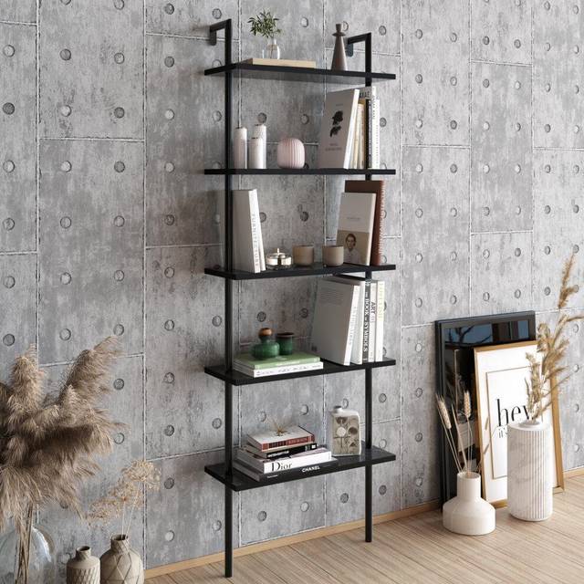 Decorotika Paula 5-tier Modern Bookshelf Multifunctional Shelving Unit For Home And Store - Black Marble Effect And Black, Black