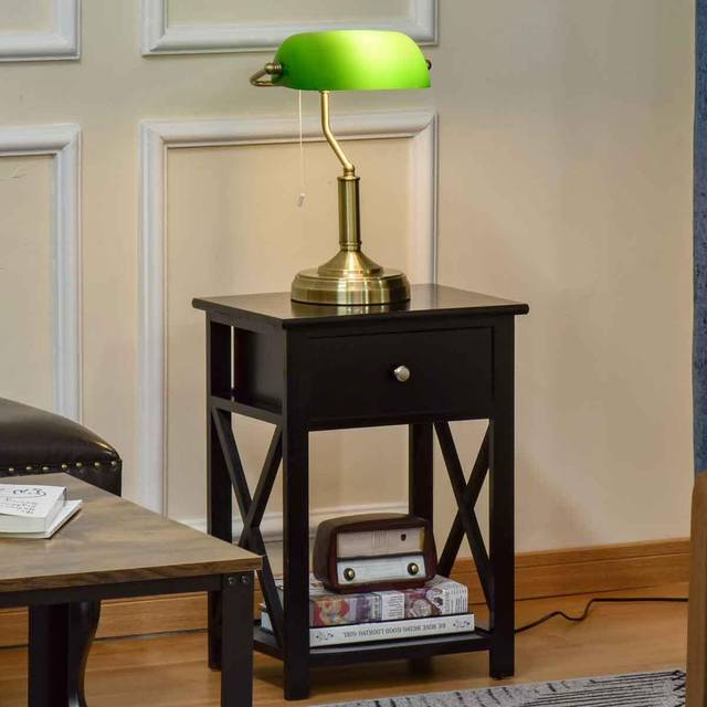 HOMCOM Banker's Table Lamp With Bronze Base Green Glass Shade Pull Rope Switch, Green
