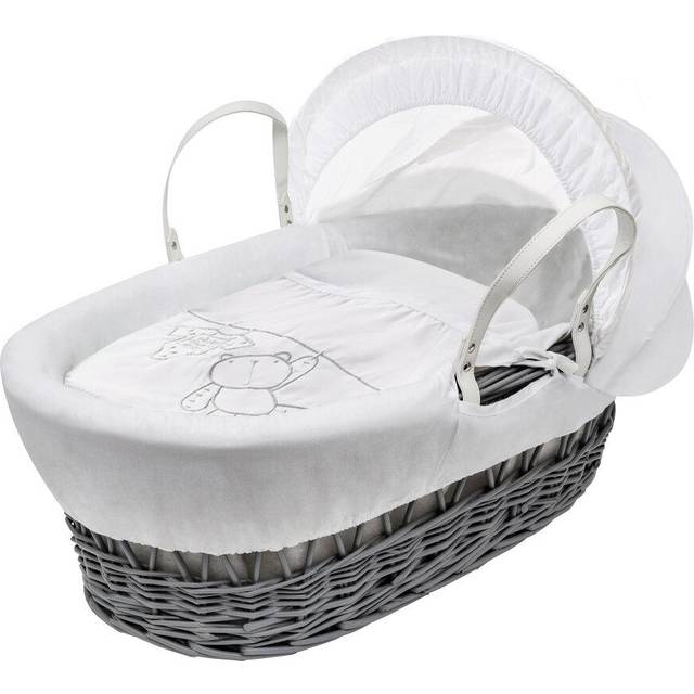 White Teddy Wash Day Grey Wicker Moses Basket with Grey Rocking Stand - White