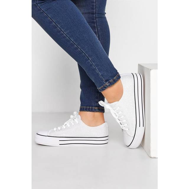 Silver Canvas Glitter Platform Trainers In Wide E Fit - 5E