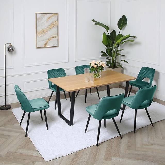 Provence Dining Set - Oak Veneer Dining Table with 6 Chairs - Dark Green