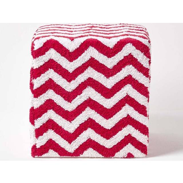 Red and White Chevron Design Cube Pouffe Tufted Cotton 36 x 36 x 38 cm