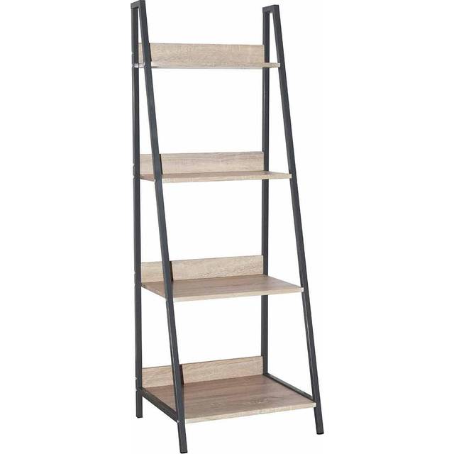 Ladder bookcase unit with oak effect and grey metal uprights - Oak effect - Brown
