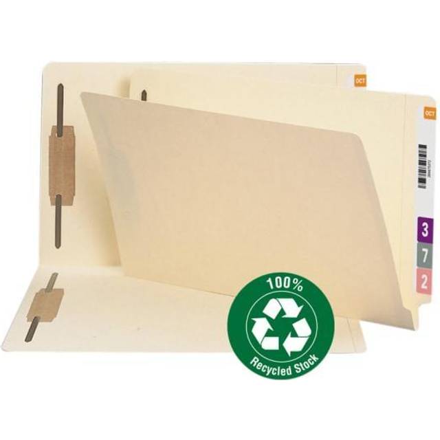 Smead 100% Recycled End Tab Fastener File Folder  Shelf-Master Reinforced Straight-Cut Tab  2 Fasteners  Legal Size  Manila  50 per Box (37160)