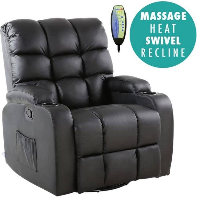(Black) Regal Leather Recliner Chair Rocking Massage Swivel Heated Gaming
