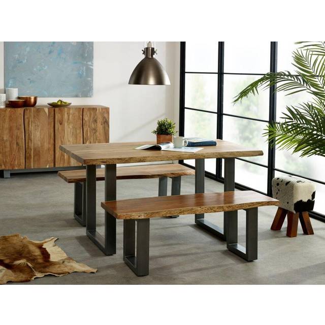 Medium Dining Set with 2 Benches Natural Essential Live Edge