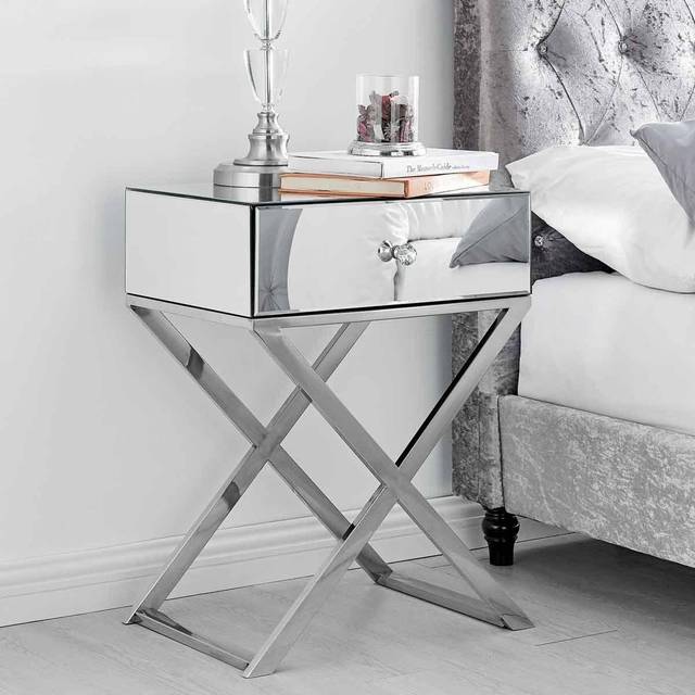 Celeste mirrored bedside table bedroom cabinet single drawer silver chrome leg