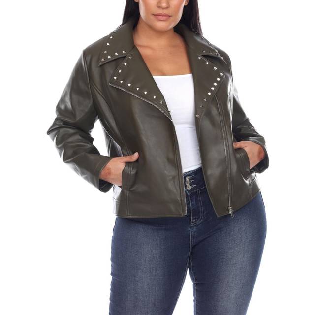 White Mark PS8918-03-1X Plus Size PU Faux Leather Jacket for Women, Green - 1X