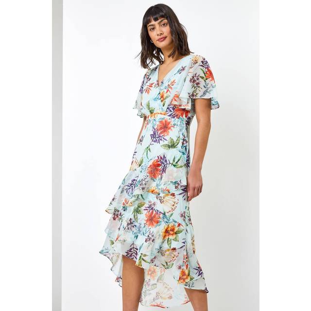 Roman Womens Floral Frill Tiered Midi Dress - Green - Size 10 UK