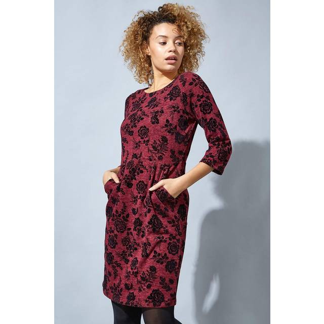 Roman Wine Floral Flocked Pocket Detail Shift Dress - Size 10