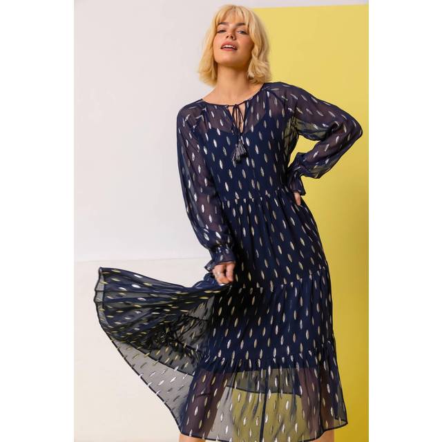 Dusk Navy Foil Print Shimmer Chiffon Tiered Dress - Size 16