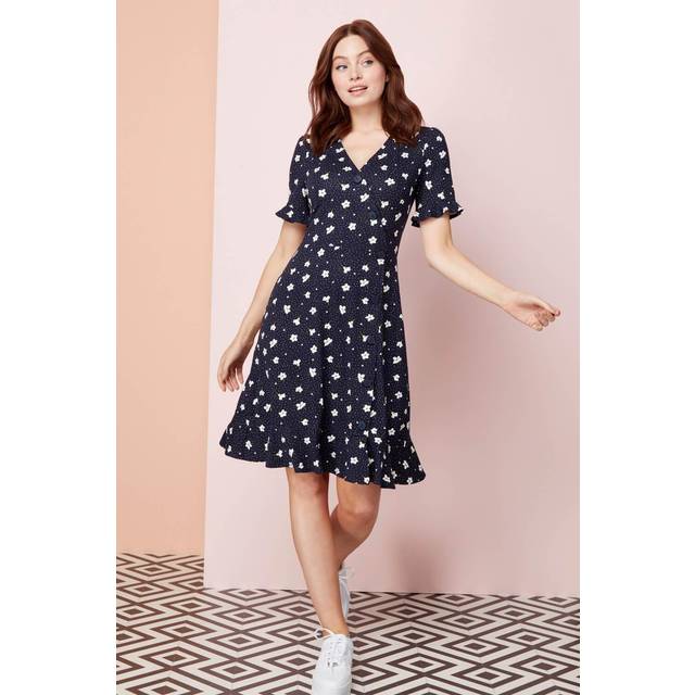 Floral Jersey Stretch Tea Dress - Navy - Size 10 - Roman