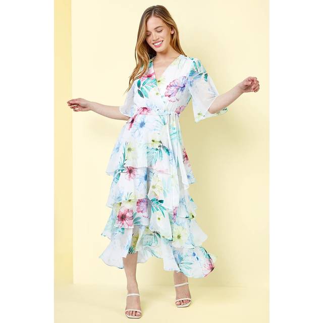 Floral Print Chiffon Wrap Tiered Dress - Ivory - 10