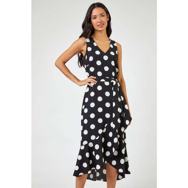 Spot Print Frill Hem Wrap Midi Dress - Black - 12