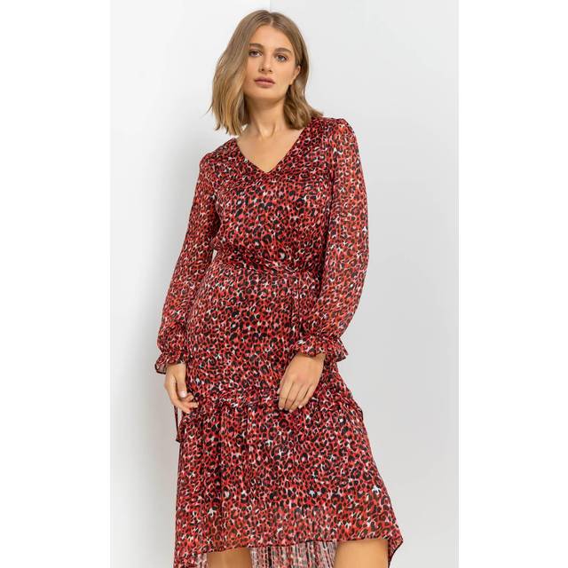 Roman Red Leopard Print Shimmer Chiffon Tiered Dress - Size 20