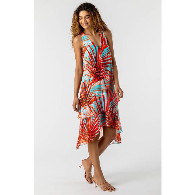 Layered Chiffon Tropical Print Dress - Turquoise - Size 16 - Roman