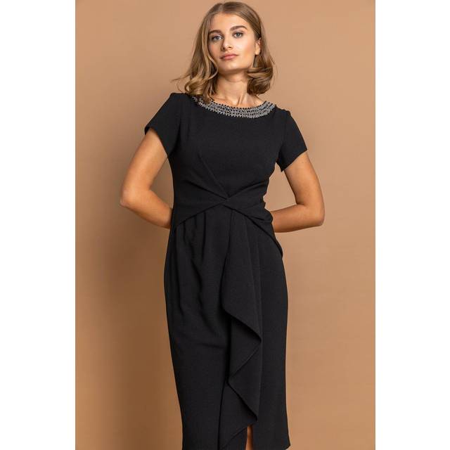 Roman Womens Embellished Twist Waist Stretch Ruched Dress - Black - Size 14 UK