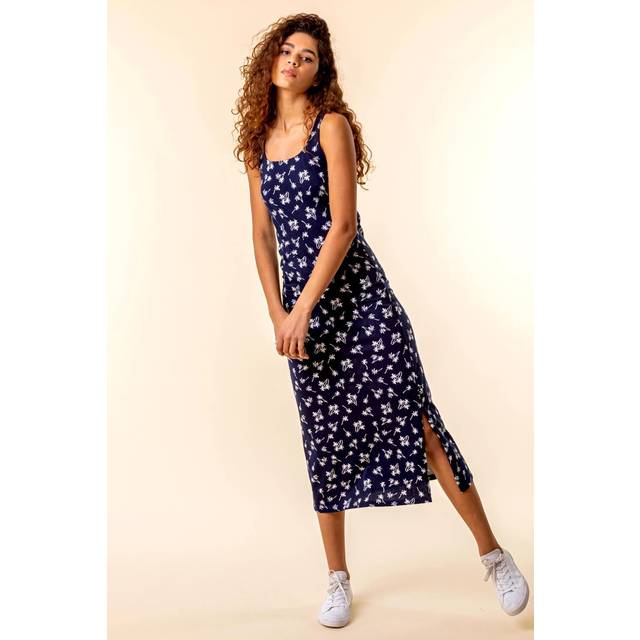 Palm Print Jersey Midi Dress - Navy - 16