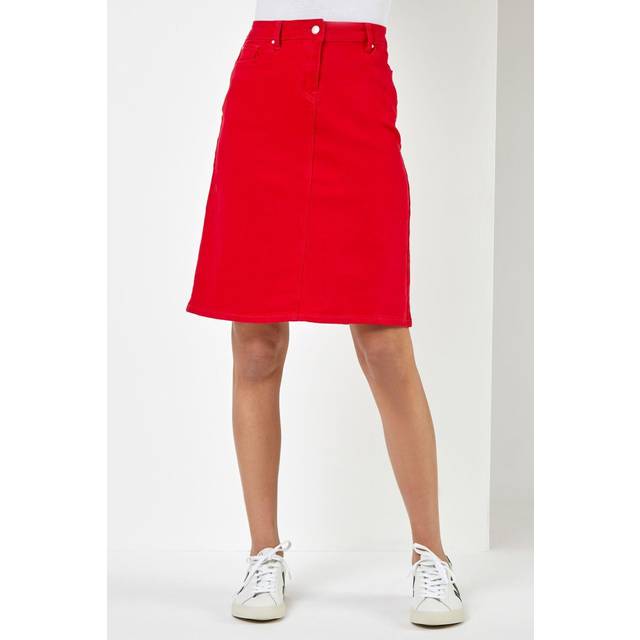 Cotton Denim Stretch A line Skirt - Red - 20