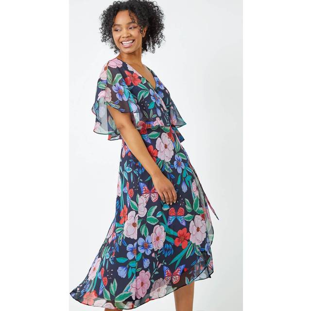 Roman Petite Womens Floral Chiffon Cape Dress - Navy - Size 8 UK