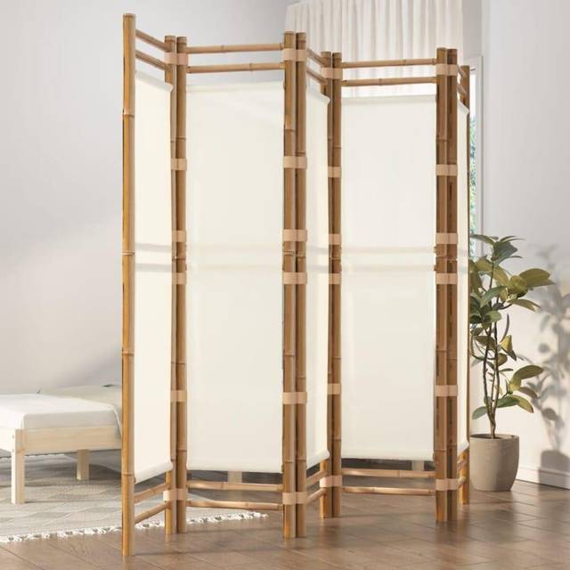 vidaXL Folding 5-Panel Room Divider 200 cm Bamboo and Canvas - Cream