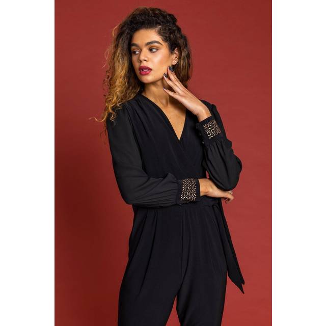 Roman Black Sparkle Embellished Cuff Wrap Jumpsuit - Size 10