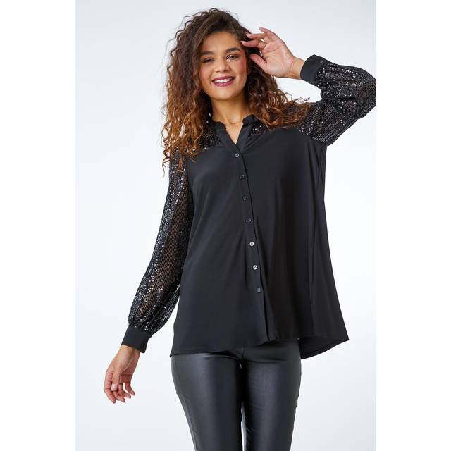 Roman Black Sequin Embellished Detail Blouse - Size 14