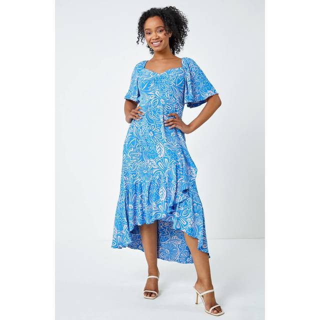 Roman Petite Womens Floral Print Ruched Midi Dress - Blue - Size 8 UK