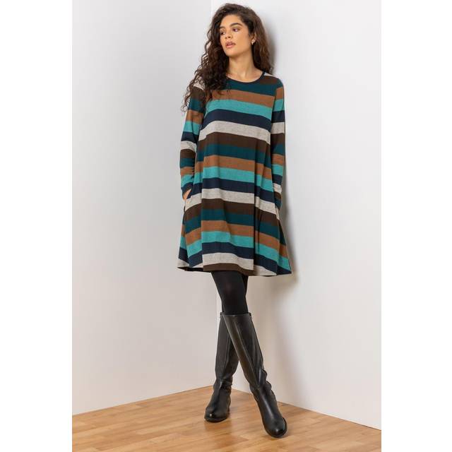 Stripe Print Pocket Swing Dress - Teal - Size 18 - Roman