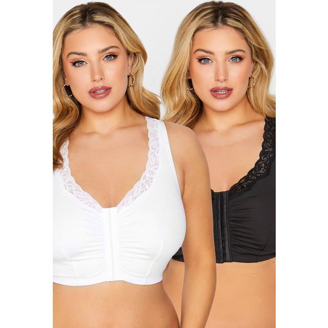 Yours 2 Pack Black & White Non Padded Front Fastening Lace Trim Bras - 20