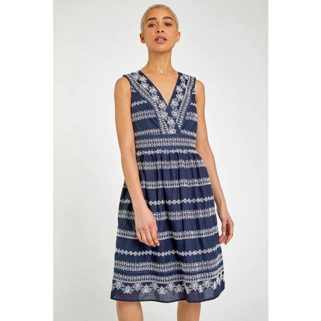 Dusk Navy V-Neck Broderie Dress - Size 12