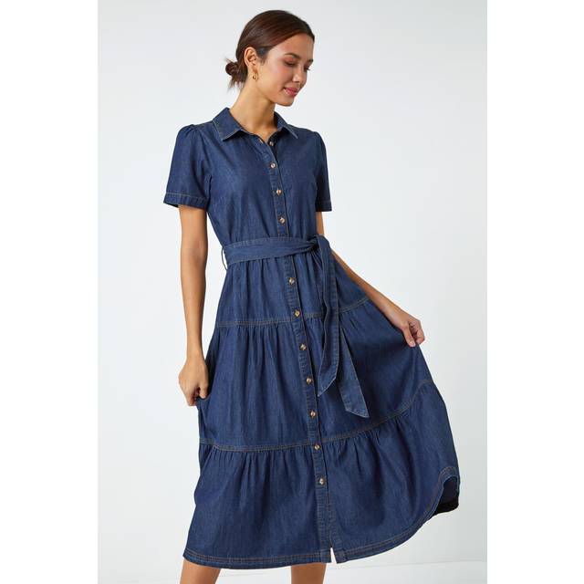 Roman Blue Denim Tiered Cotton Midi Dress - Size 12