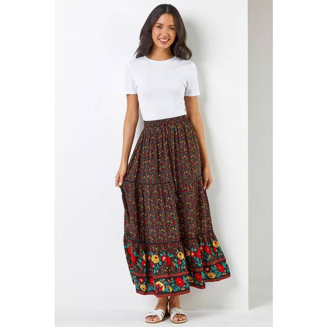 Roman Black Floral Print Elastic Waist Tiered Maxi Skirt - Size 16