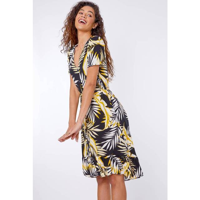 Roman Womens Tropical Leaf Frill Hem Midi Dress - Black - Size 8 UK