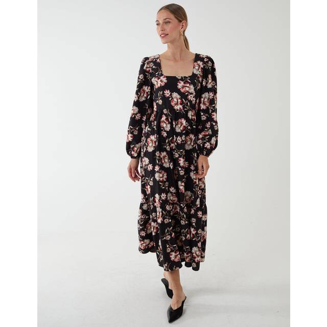 Womens Milkmaid Square Neck Trapeze Midi Dress - Black - 16