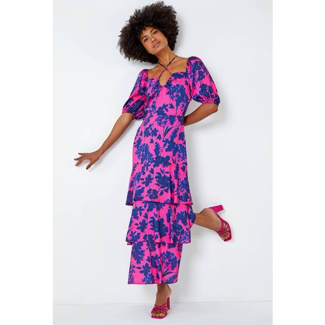 Roman Womens Floral Puff Sleeve Tiered Maxi Dress - Pink Satin - Size 10 UK