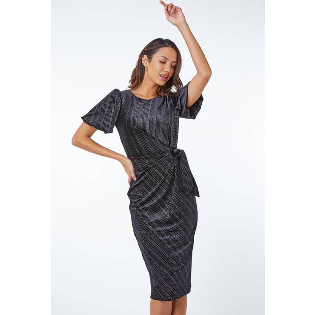 Roman Womens Glitter Velvet Puff Sleeve Ruched Midi Dress - Black - Size 20 UK