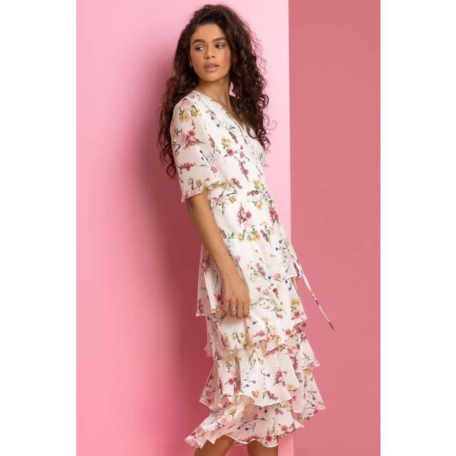 Floral Chiffon Frill Tiered Wrap Midi Dress - Cream - 20