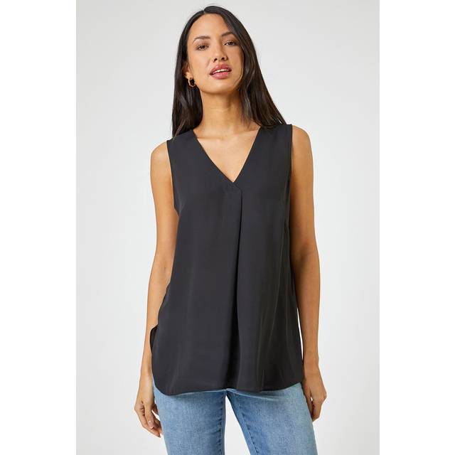 V-Neck Pleat Tunic Tank Top - Black - Size 8 - Roman
