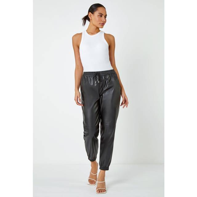 Faux Leather Cuffed Elastic Waist Joggers - Black - 8