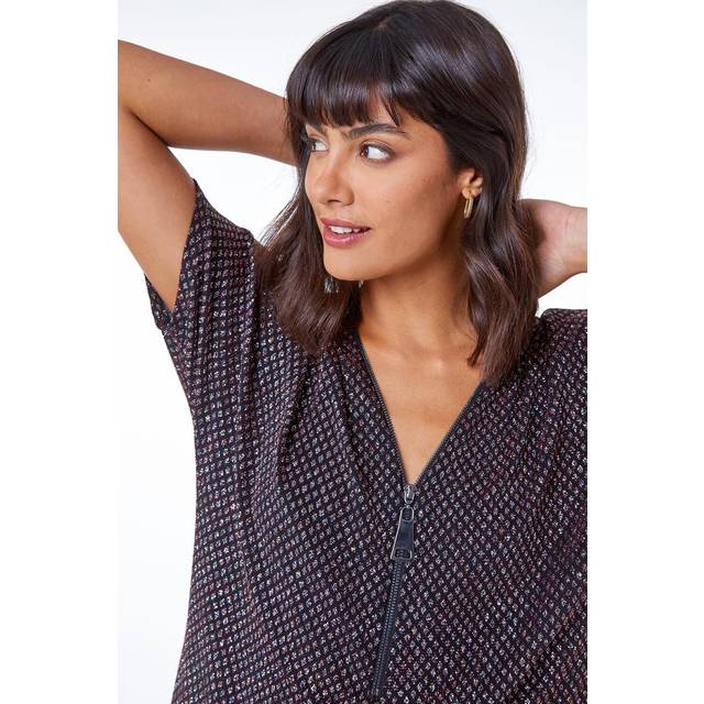 Roman Womens Diamond Print Glitter Zip Front Top - Red - Size 10 UK