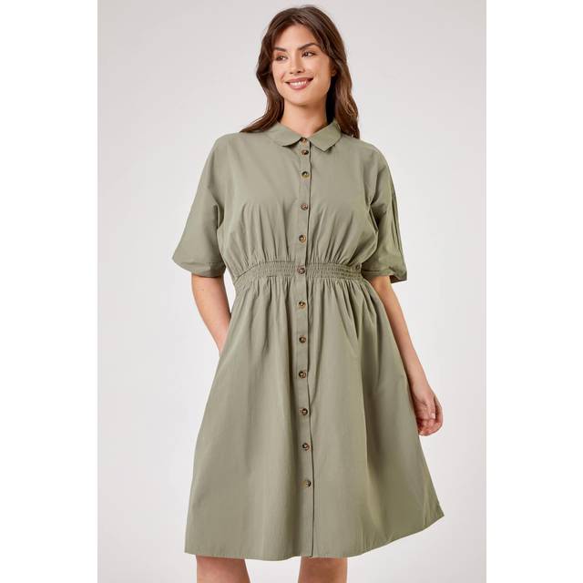 Roman Womens Curve Shirred Waist Shirt Dress - Khaki Leather - Size UK 26-28