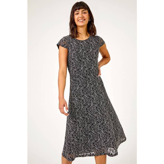 Roman Womens Glitter Stretch Lace Midi Dress - Black - Size 12 UK