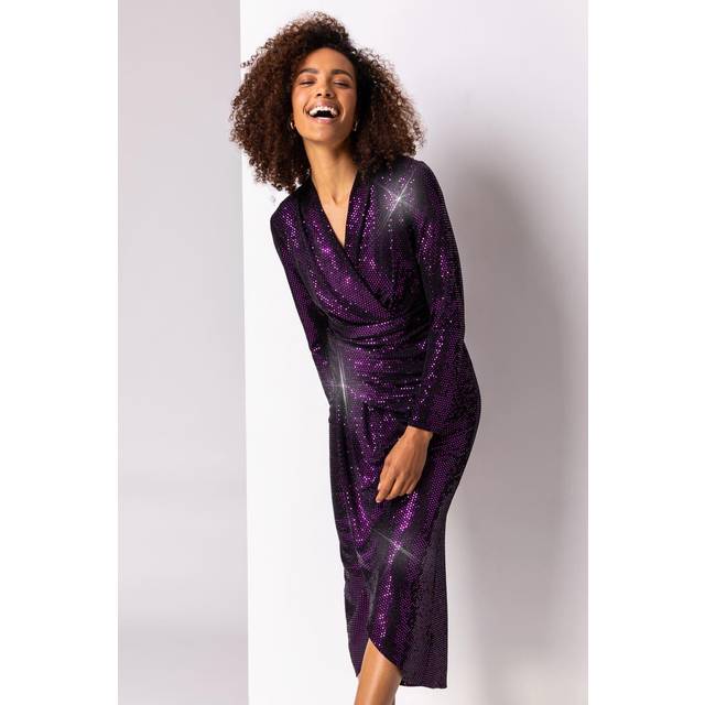 Roman Purple Sequin Embellished Ruched Wrap Dress - Size 16