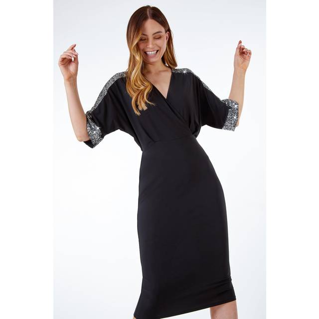 Roman Black Sequin Sleeve Wrap Midi Dress - Size 18