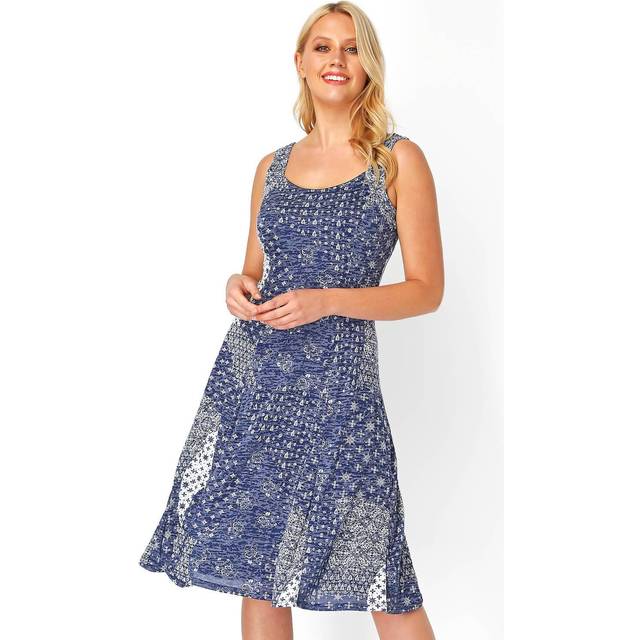 Patchwork Print Fit and Flare Skater Dress - Blue - Size 16 - Roman