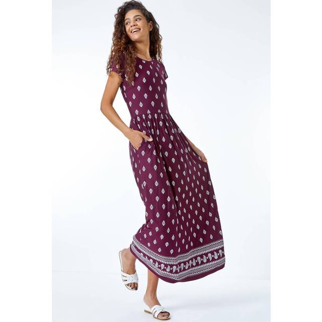 Wine Paisley Border Print Maxi Dress - Burgundy - Size 14 - Roman