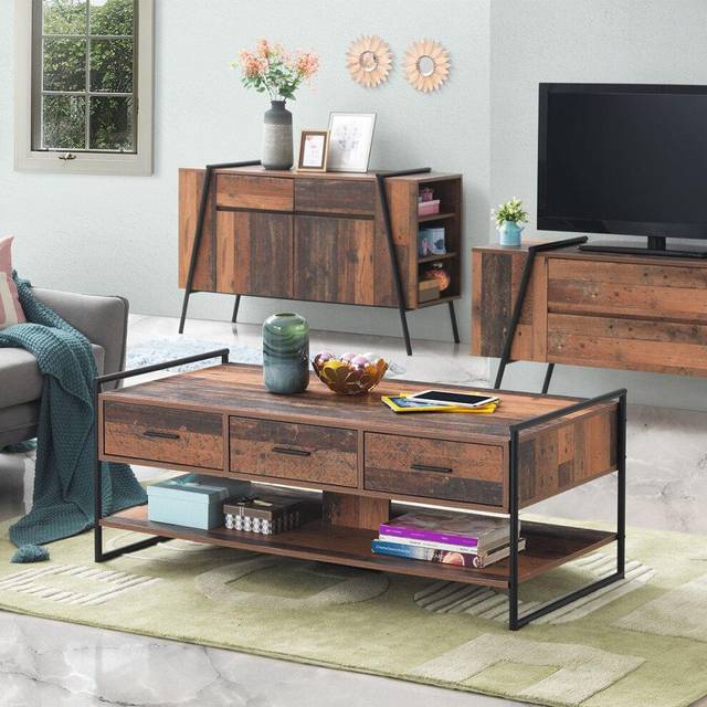 Abbey Coffee Table w/ 3 Drawers Rustic Industrial Oak Effect, Brown