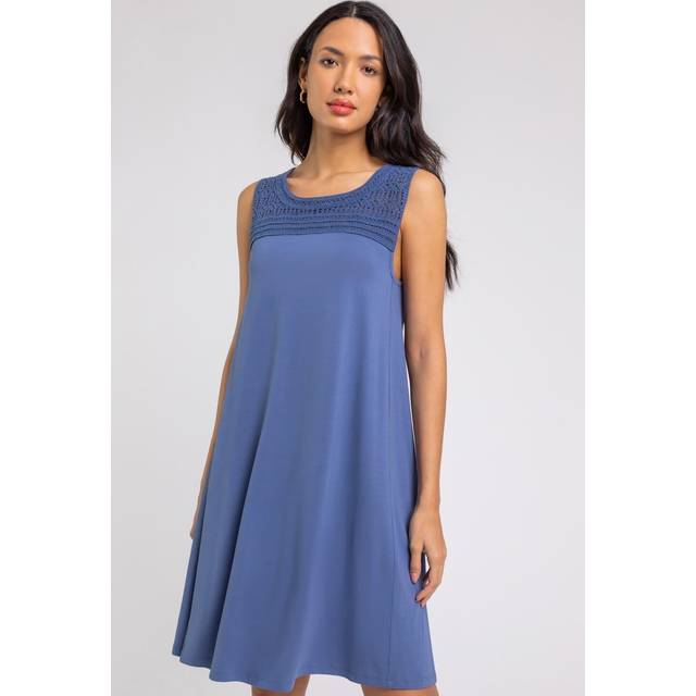 Roman Womens Crochet Yoke A-Line Jersey Dress - Blue - Size 10 UK