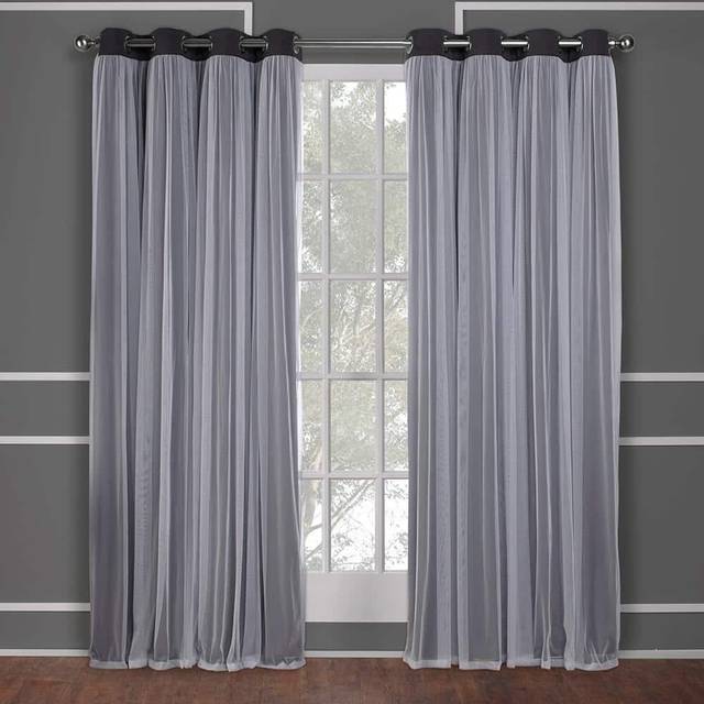 TOWN & COUNTRY LUXE Exclusive Home Catarina Layered Solid Room Darkening Blackout and Sheer Grommet Top Curtain Panel Pair  52x120  Black Pe